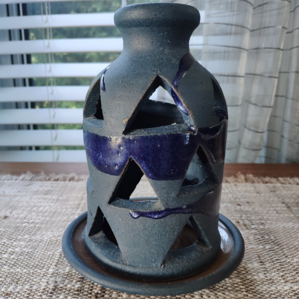 Vtg Drip Glaze Pottery Fairy Lamp, Candle Holder